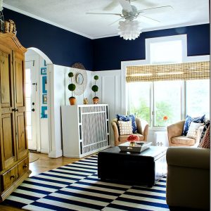 navy white board and batten living room