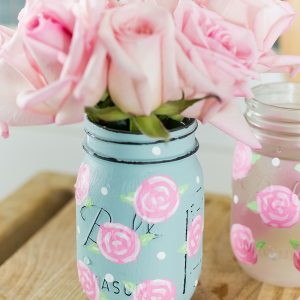 Painted Rose Mason Jar - Pink and Blue Painted Mason Jar