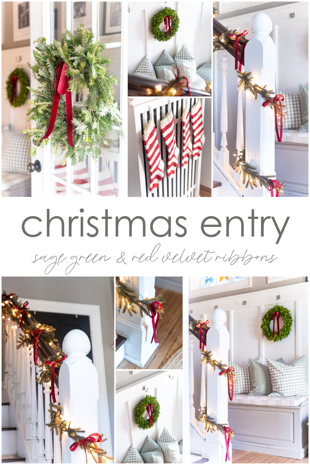 christmas-entry-sage-green-red-velvet-ribbons-twinkle-lights-stair-garland-red-white-knit-stockings