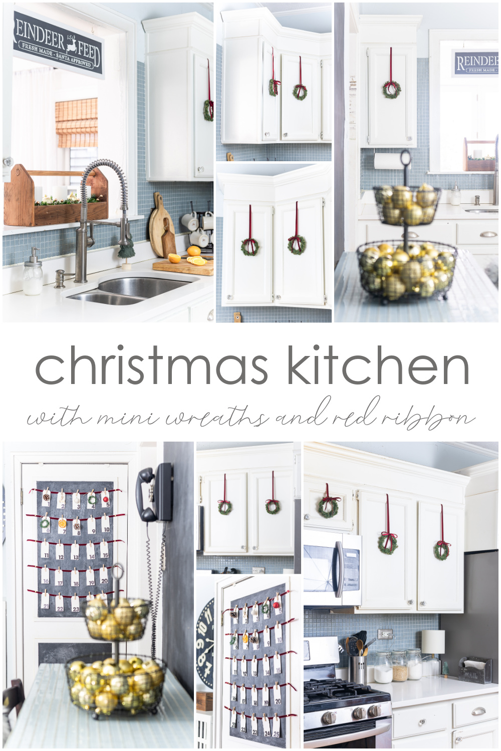 Christmas Kitchen with Mini Wreaths on Cabinet Doors