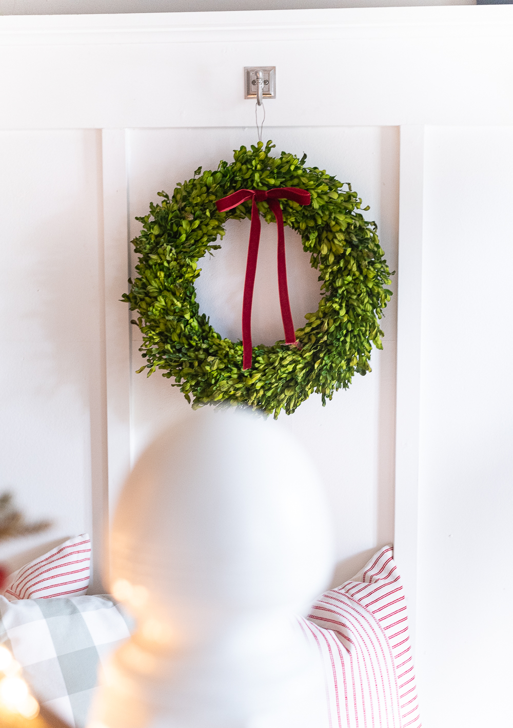 Red, White, Green Christmas Entry Decorating Ideas - Red Velvet Bow on Wreath - Decorating Ideas for Entry for Holidays